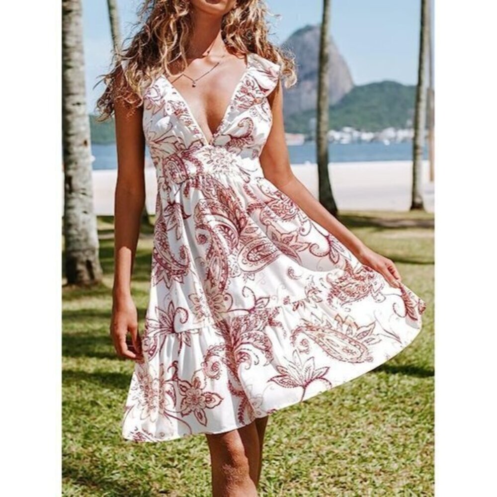 Cupshe Plunge Ruffle Fitted Waist Tie A-Shape Dress White Pink Size Large